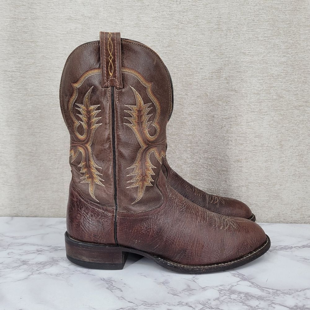 Tony Lama Vintage Aztec Brown Leather Western Cowboy Boots Stockman